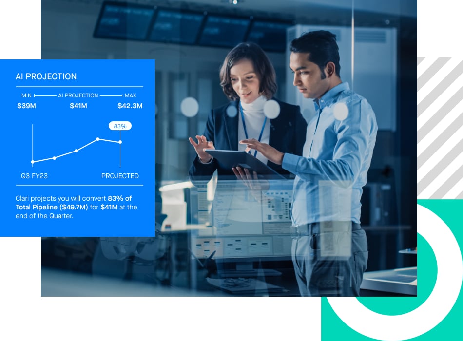 Screenshot of a Clari AI projection forecast report overlapping a photograph of a manufacturing sales rep and customer touching a tablet