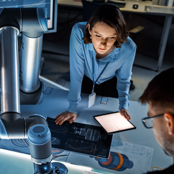 Photograph of a sales rep meeting with a prospective customer on the manufacturing floor